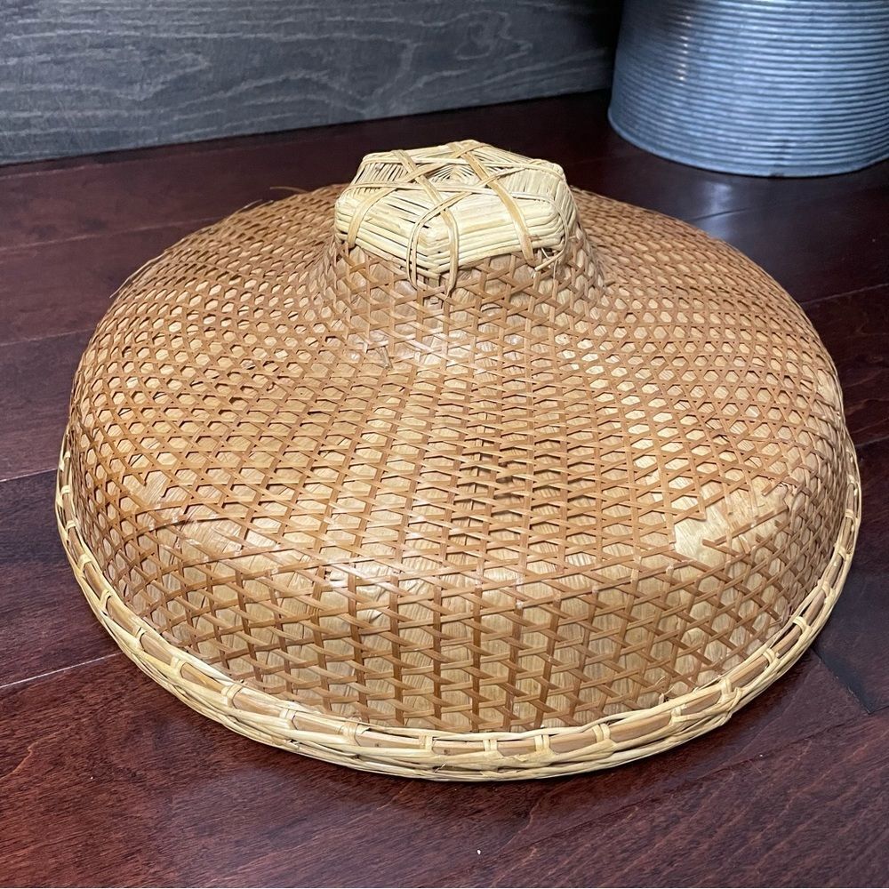 Vintage Wicker Lattice Bamboo Rice Paddy Coolie Farmer Hat Wall Decor Boho